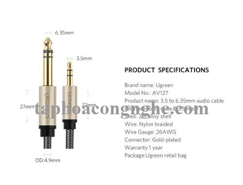 Ugreen 40808 10M màu Đen Cáp âm thanh 3.5mm sang 6.5mm cao cấp AV127 30040808